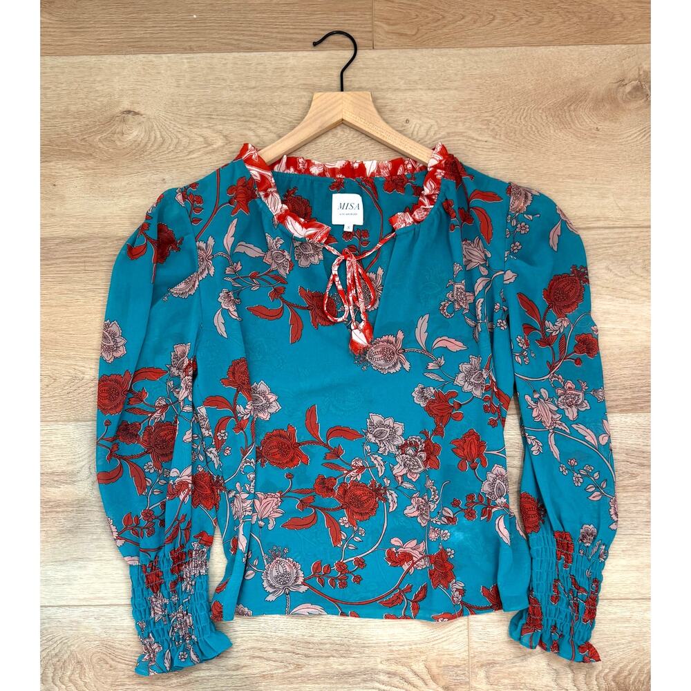 MISA Los Angeles Siena Top Floral Blouse Teal Long Sleeve Size Small - Picture 7 of 11